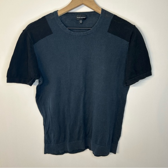 Club Monaco Men’s Black and Navy Blue Short Sleeve Sweater Tee, Size Small - Picture 1 of 9